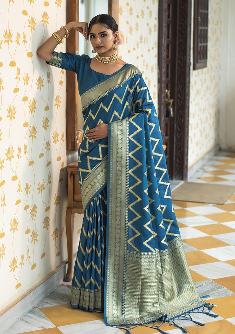 Blue Woven Silk Blend Saree Set
