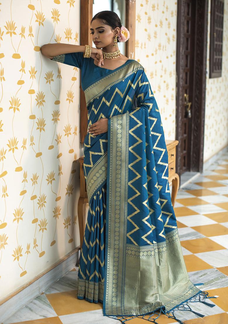 Blue Woven Silk Blend Saree Set