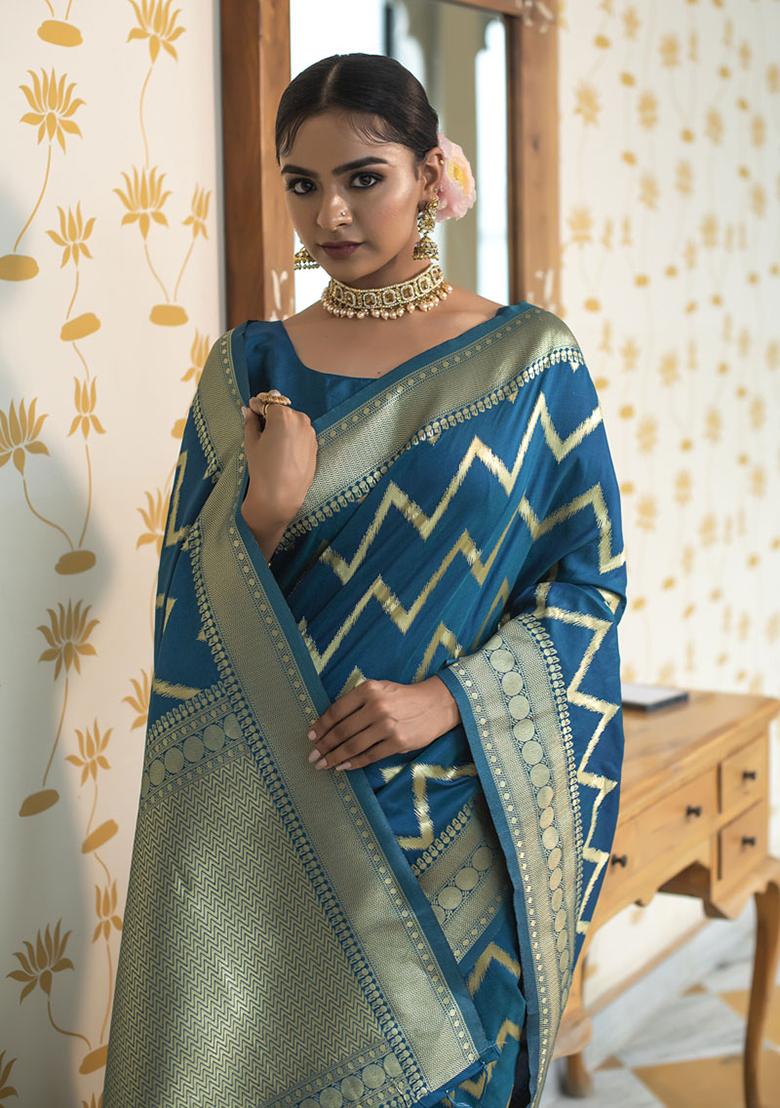 Blue Woven Silk Blend Saree Set