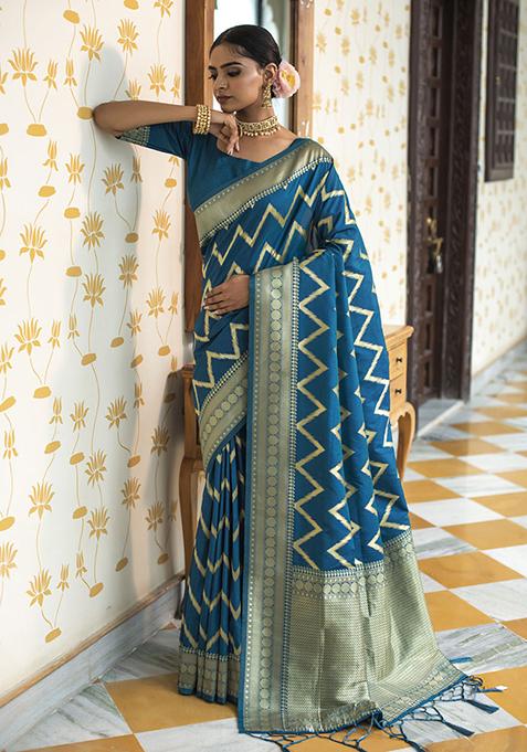 Blue Woven Silk Blend Saree Set