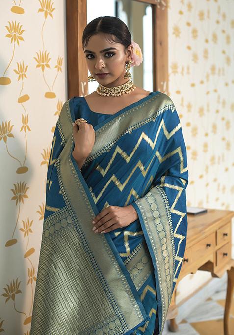 Blue Woven Silk Blend Saree Set