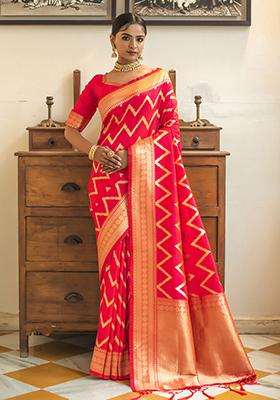 Pink Woven Silk Blend Saree Set