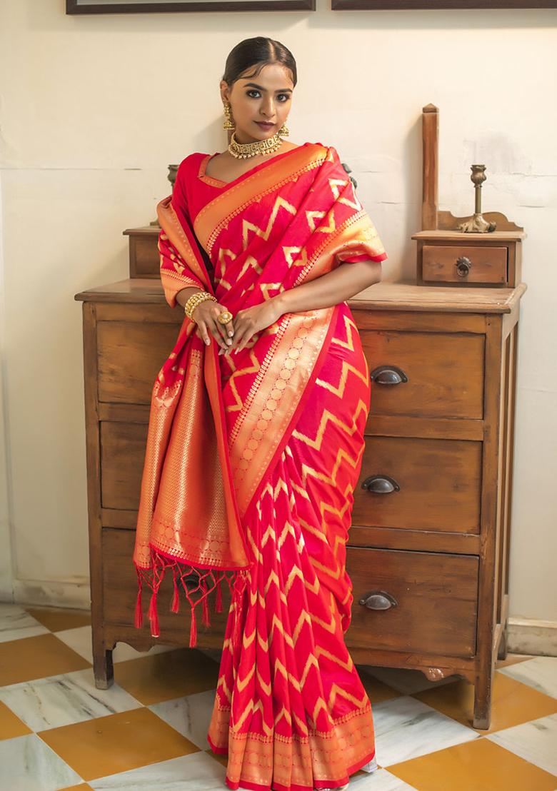 Pink Woven Silk Blend Saree Set