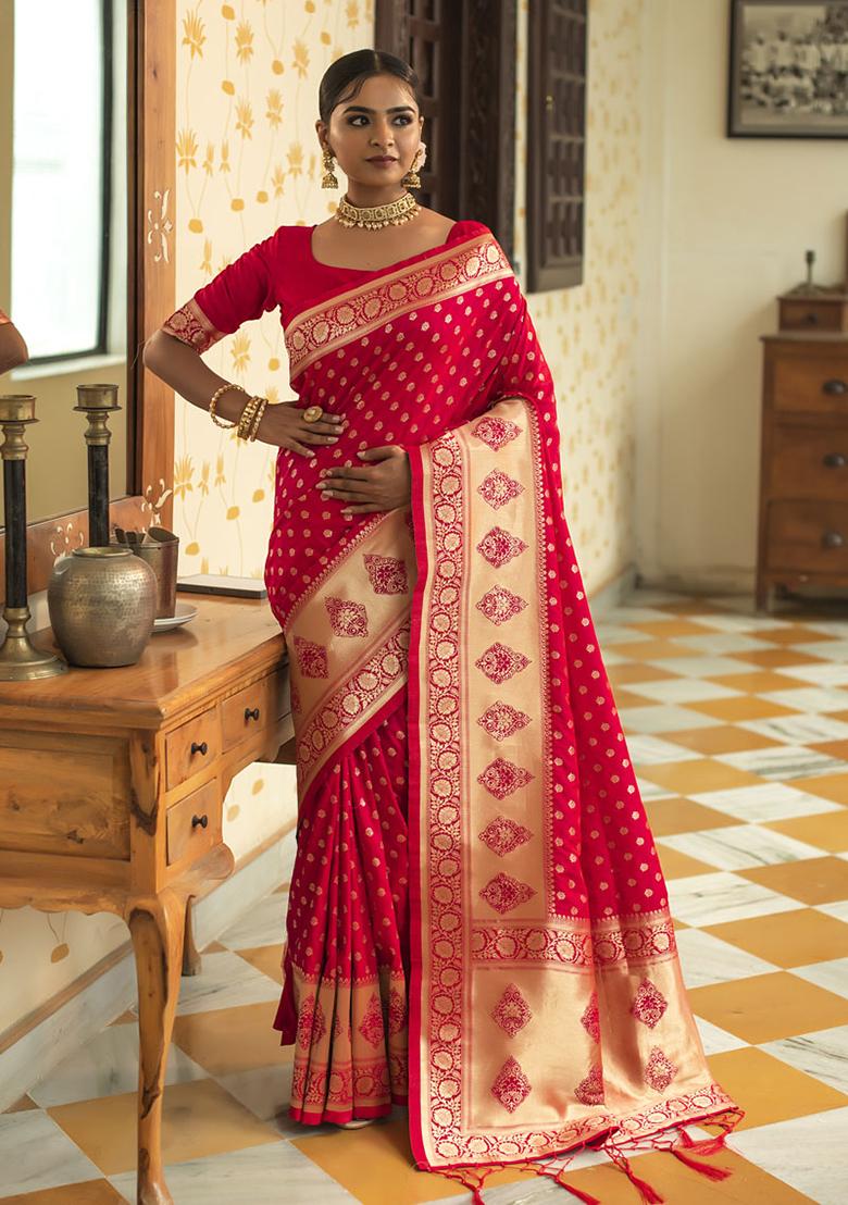 Rani Pink Woven Silk Blend Saree Set