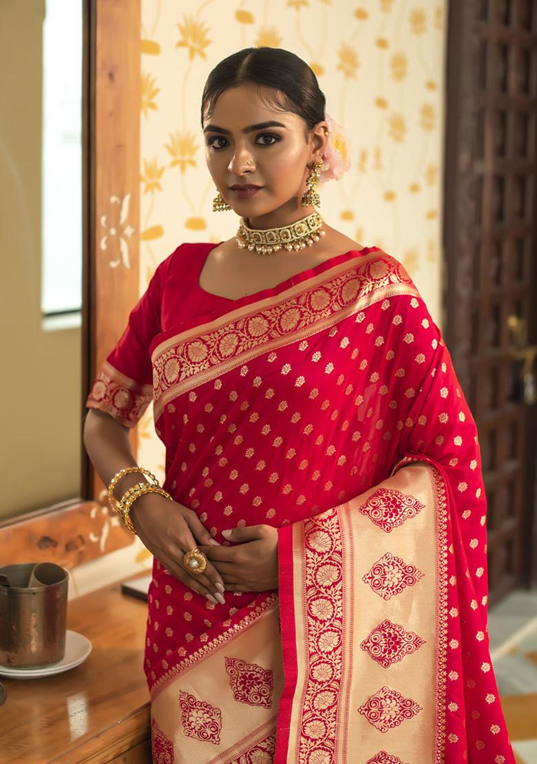 Rani Pink Woven Silk Blend Saree Set