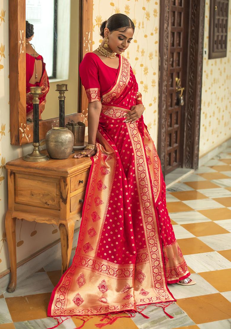 Rani Pink Woven Silk Blend Saree Set