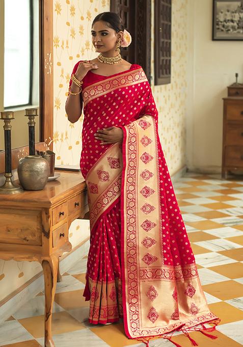 Rani Pink Woven Silk Blend Saree Set