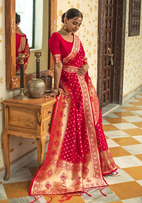 Rani Pink Woven Silk Blend Saree Set