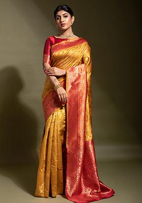 Mustard Woven Banarasi Silk Saree Set