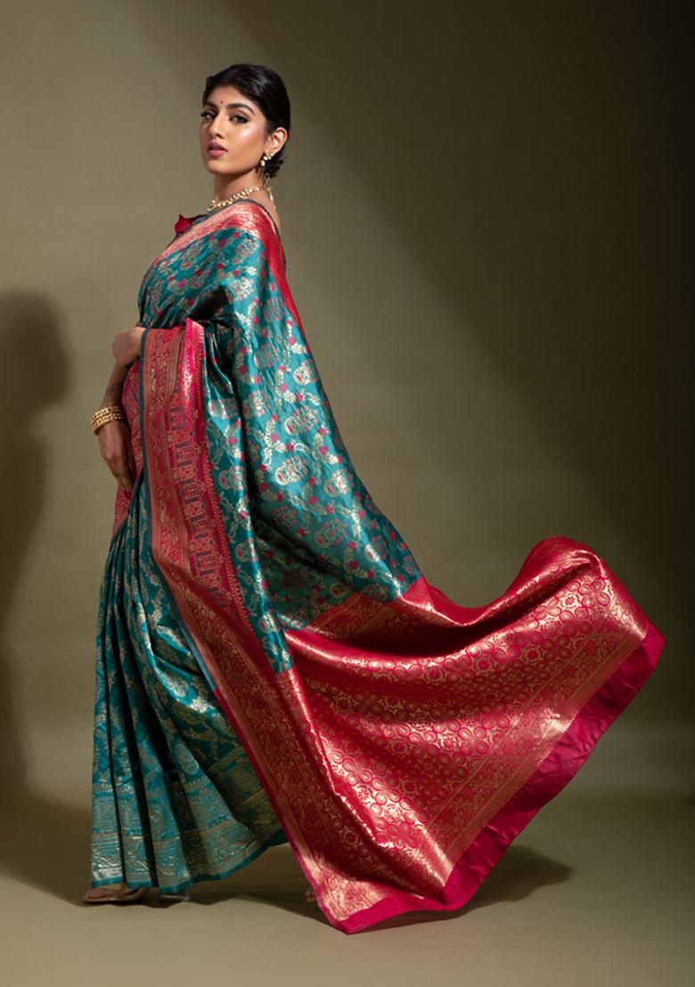 Rama Green Woven Banarasi Silk Saree Set