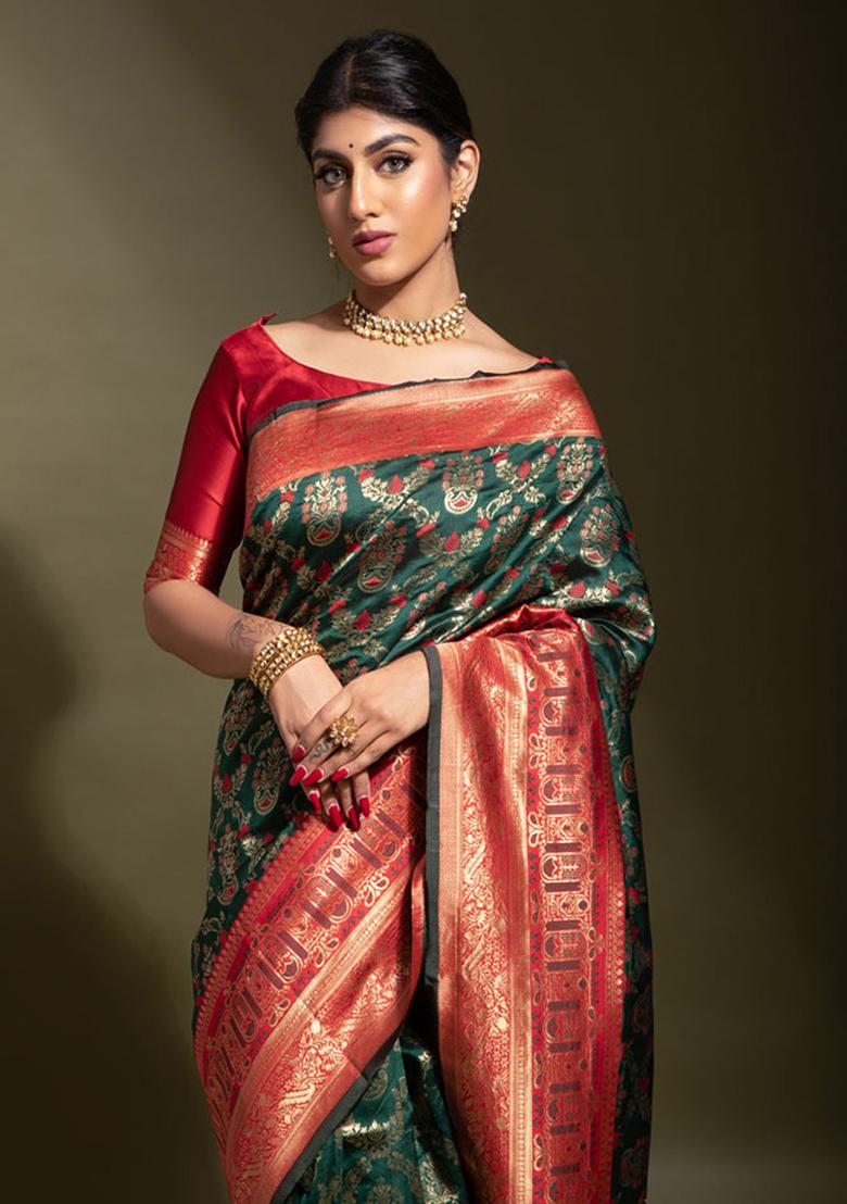 Green Woven Banarasi Silk Saree Set