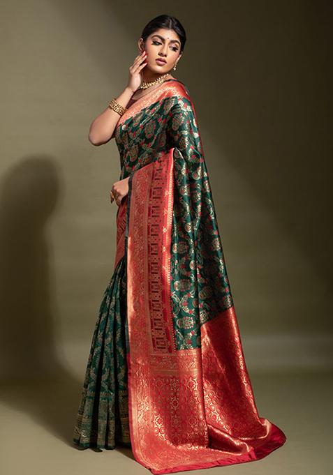 Green Woven Banarasi Silk Saree Set