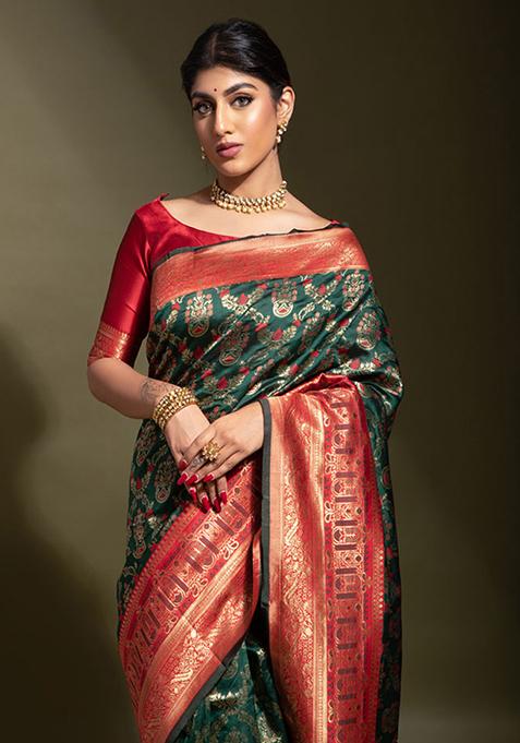 Green Woven Banarasi Silk Saree Set