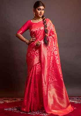 Pink Woven Banarasi Silk Saree Set