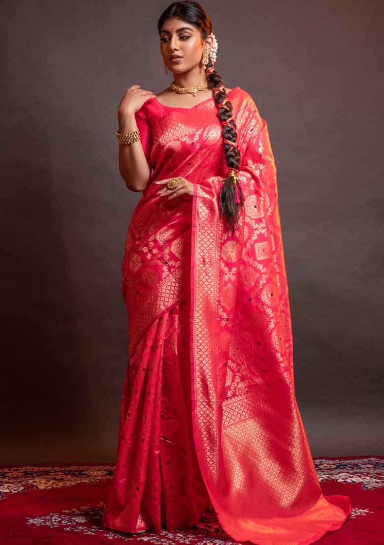 Pink Woven Banarasi Silk Saree Set