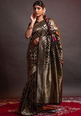 Black Woven Banarasi Silk Saree Set