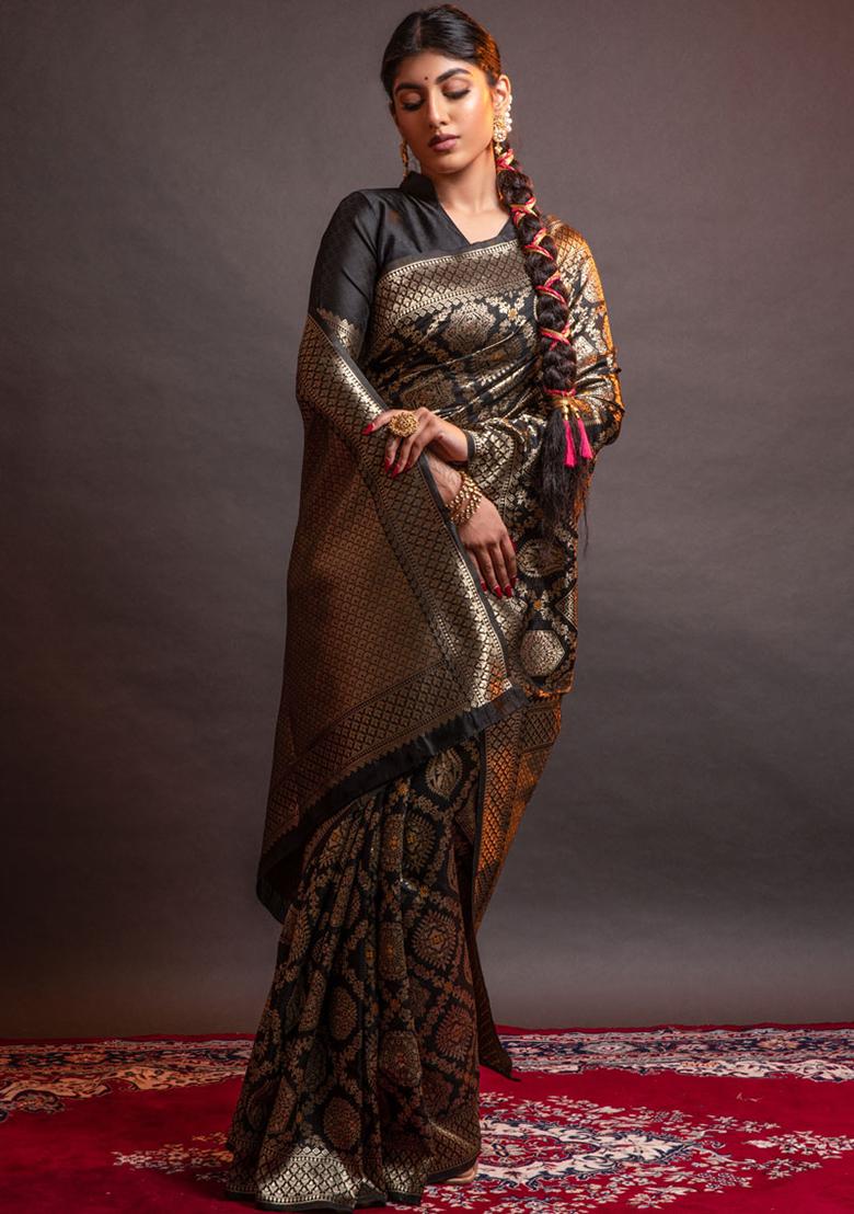 Black Woven Banarasi Silk Saree Set