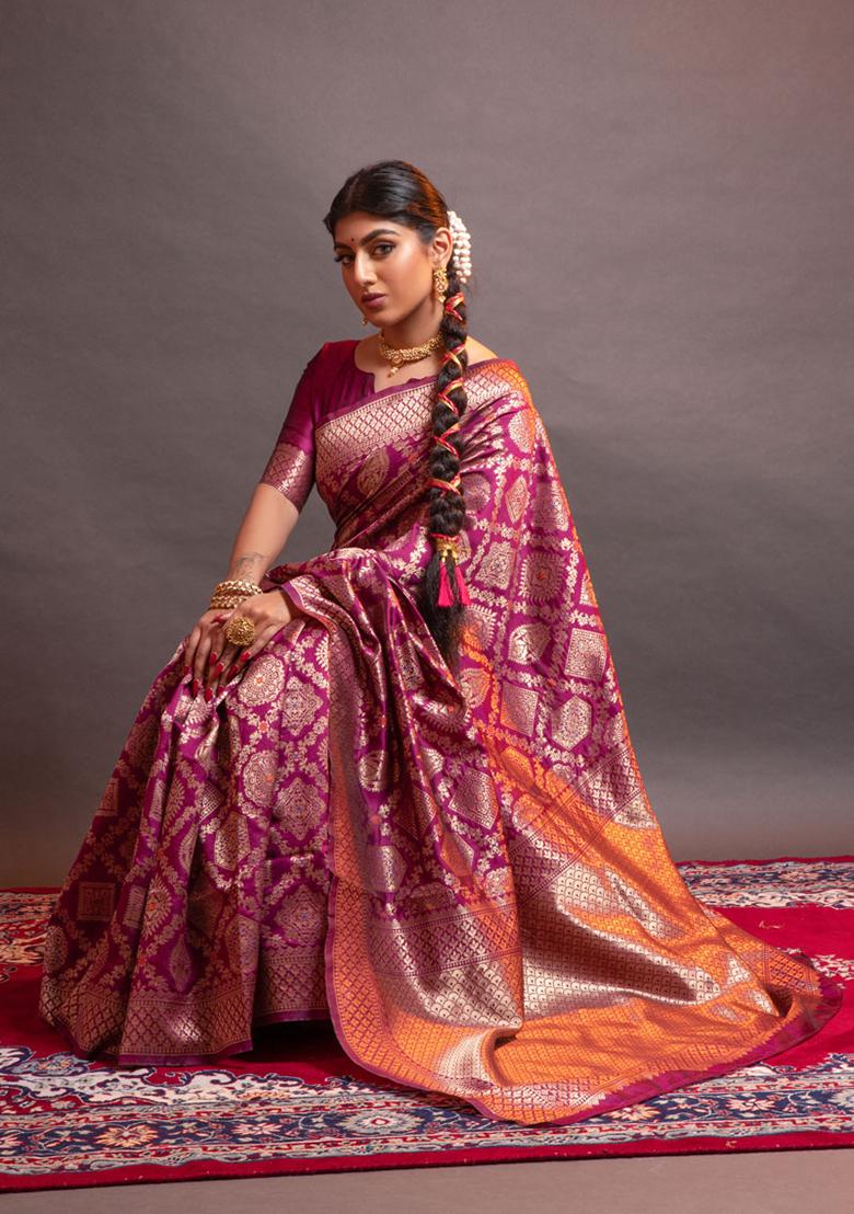 Magenta Woven Banarasi Silk Saree Set