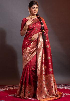 Red Woven Banarasi Silk Saree Set