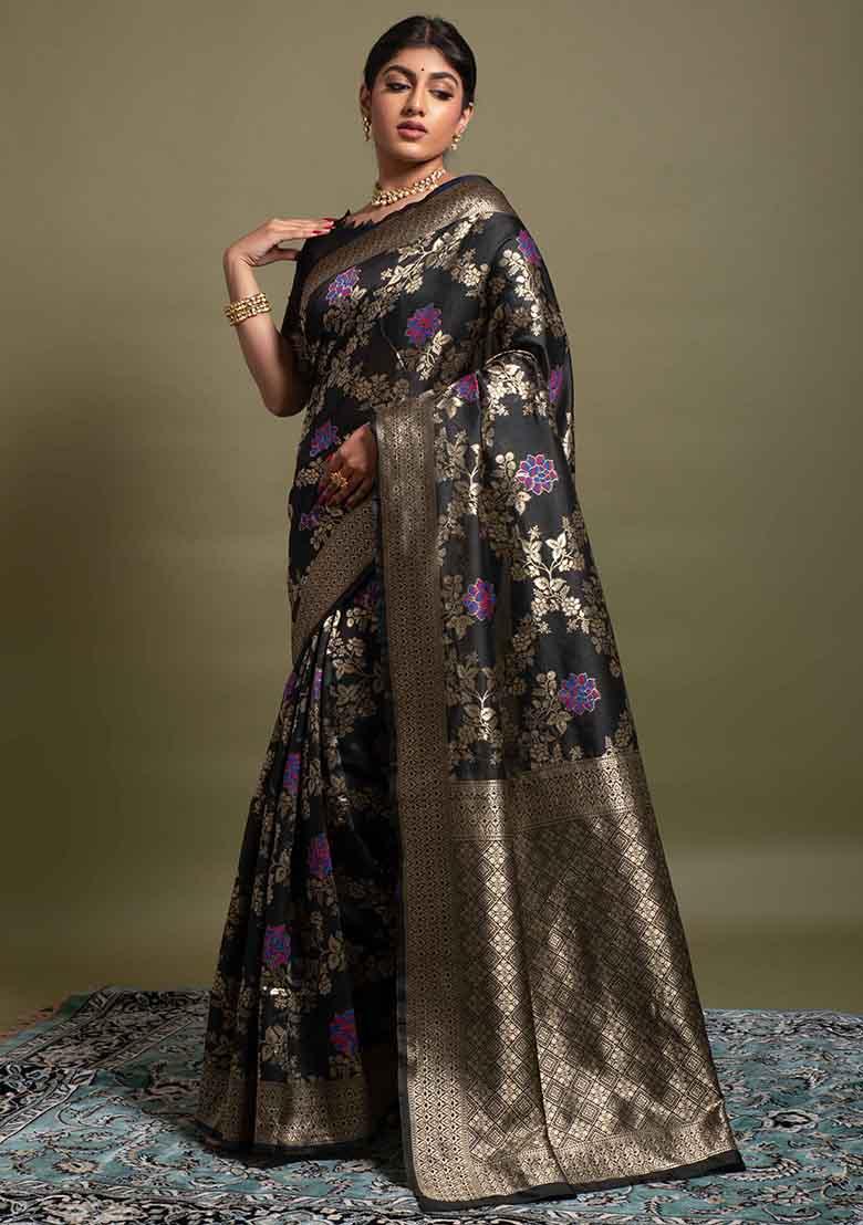 Black Woven Banarasi Silk Saree Set