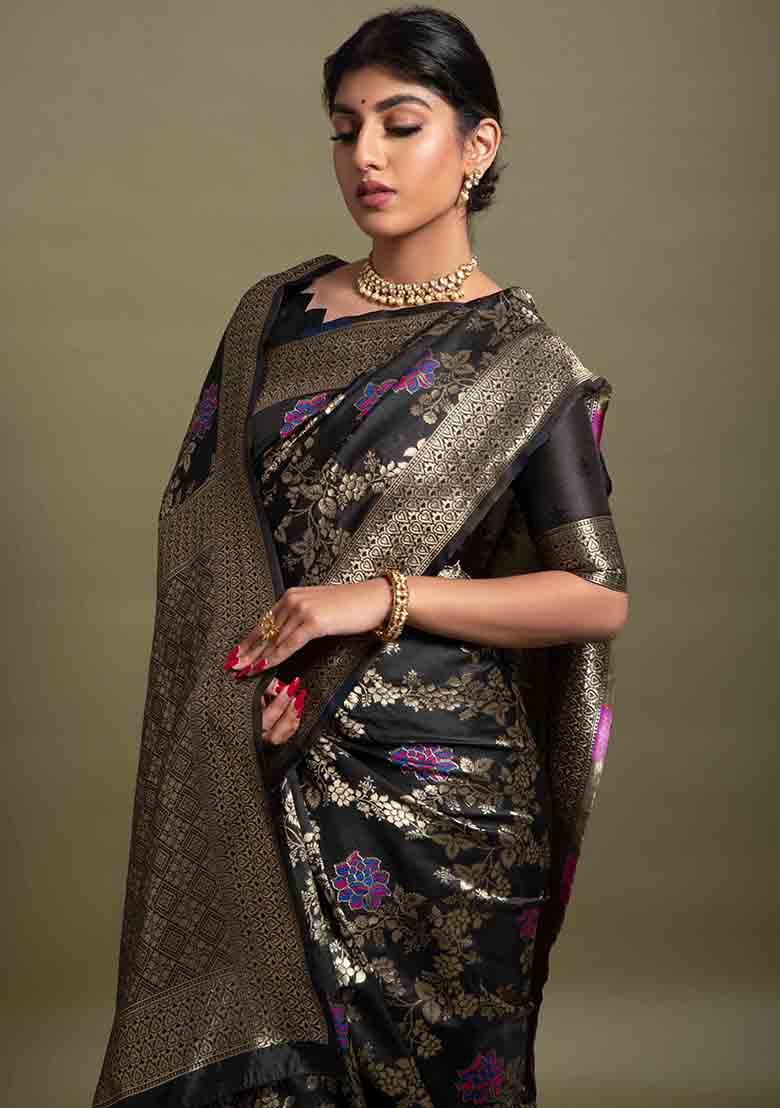 Black Woven Banarasi Silk Saree Set