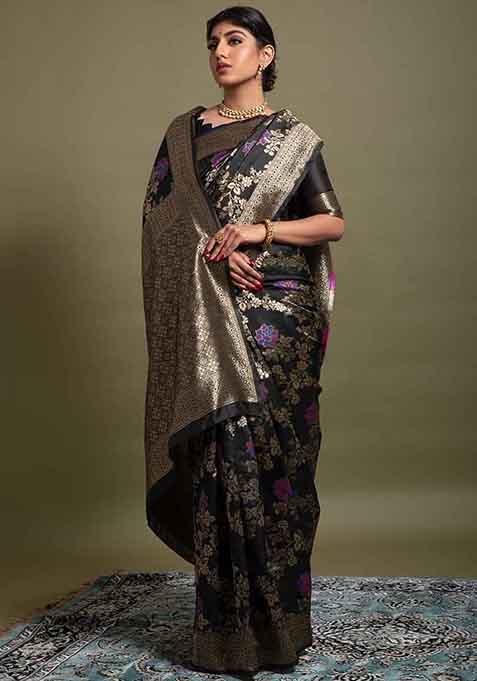 Black Woven Banarasi Silk Saree Set