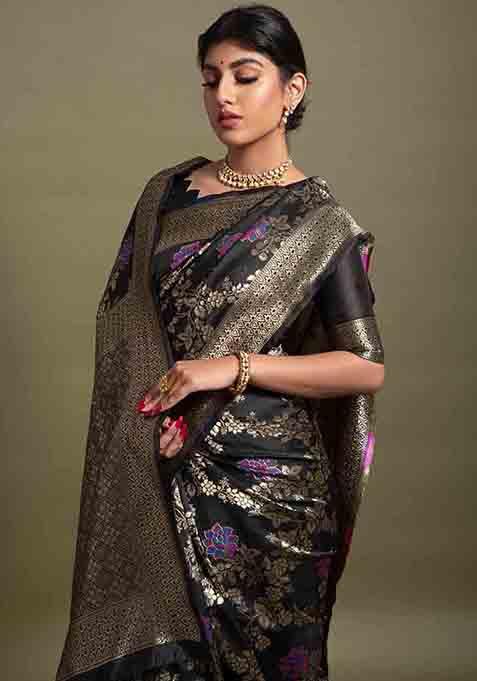 Black Woven Banarasi Silk Saree Set