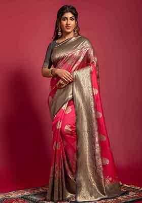 Pink Woven Banarasi Silk Saree Set