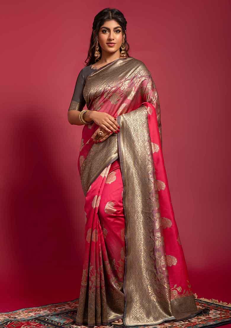 Pink Woven Banarasi Silk Saree Set