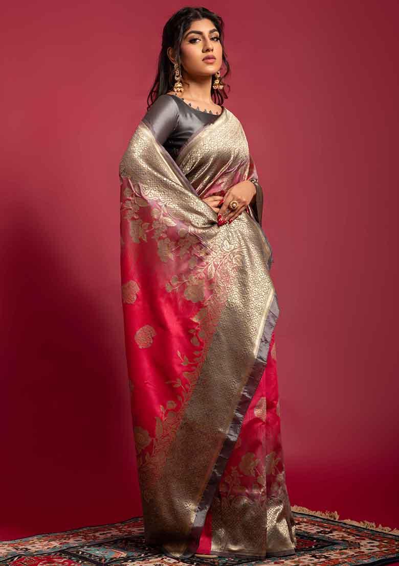 Pink Woven Banarasi Silk Saree Set
