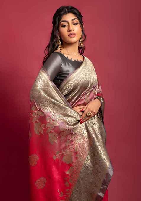 Pink Woven Banarasi Silk Saree Set