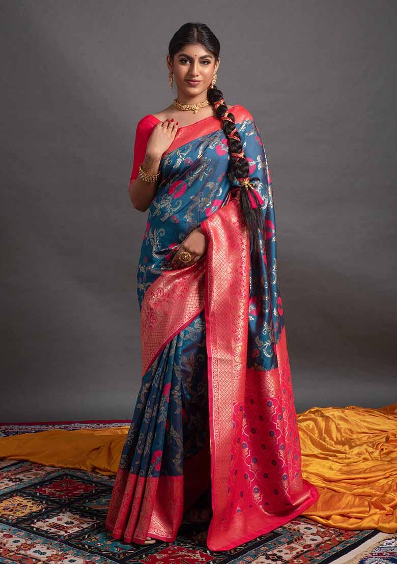 Blue Woven Banarasi Silk Saree Set