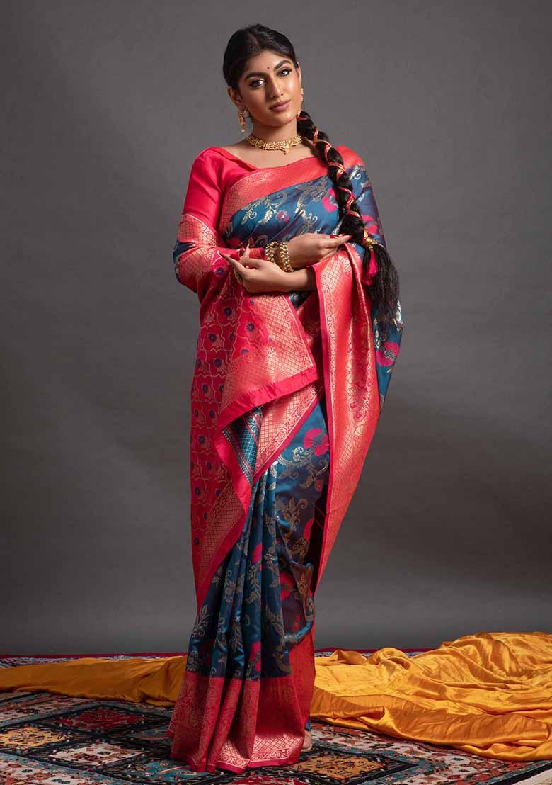 Blue Woven Banarasi Silk Saree Set