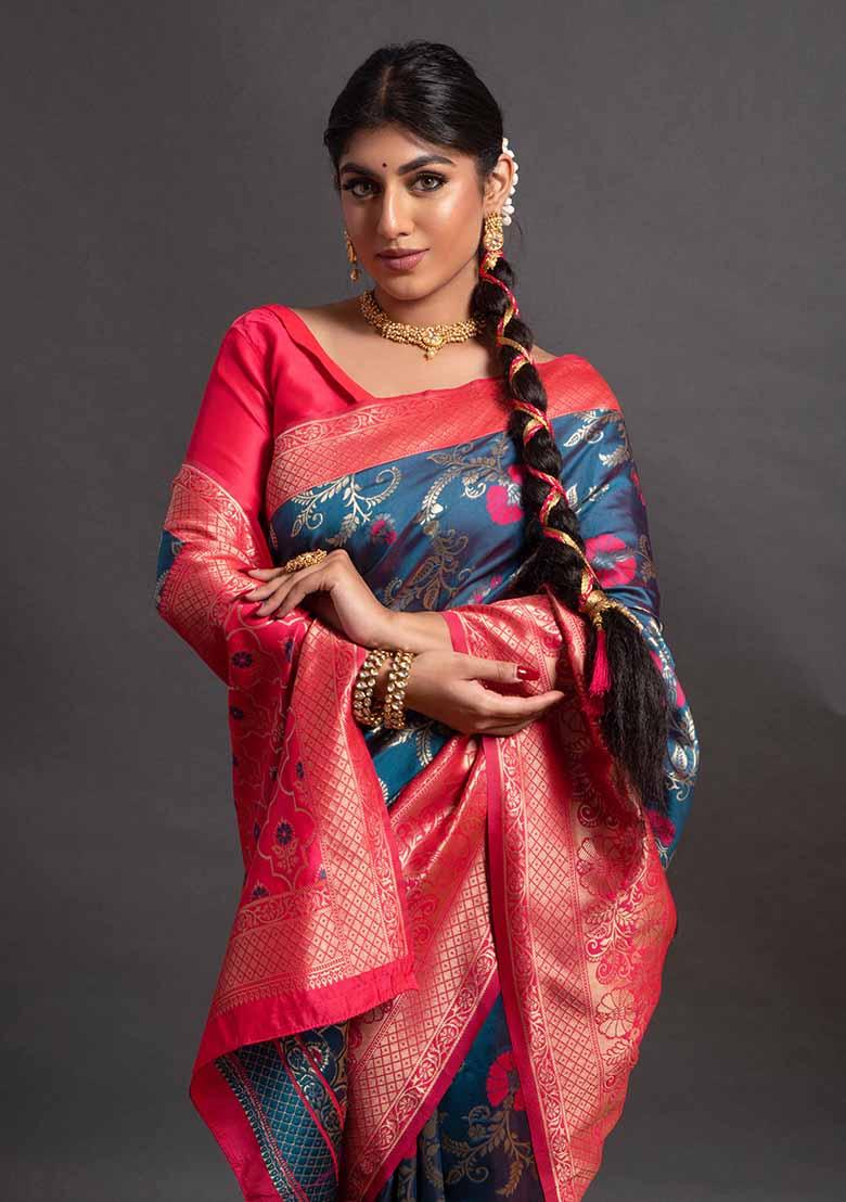 Blue Woven Banarasi Silk Saree Set