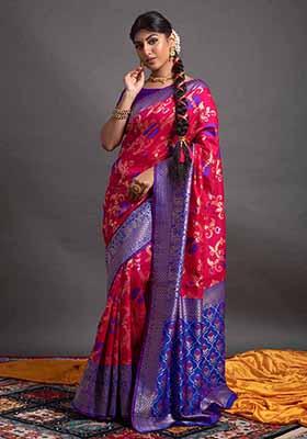 Rani Pink Woven Banarasi Silk Saree Set