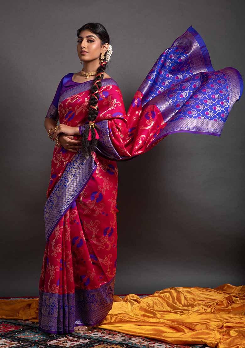 Rani Pink Woven Banarasi Silk Saree Set