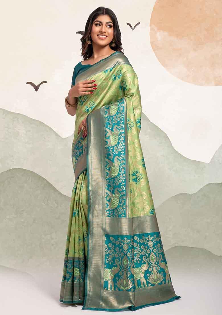 Sea Green Woven Banarasi Silk Saree Set