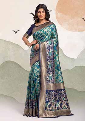 Teal Blue Woven Banarasi Silk Saree Set