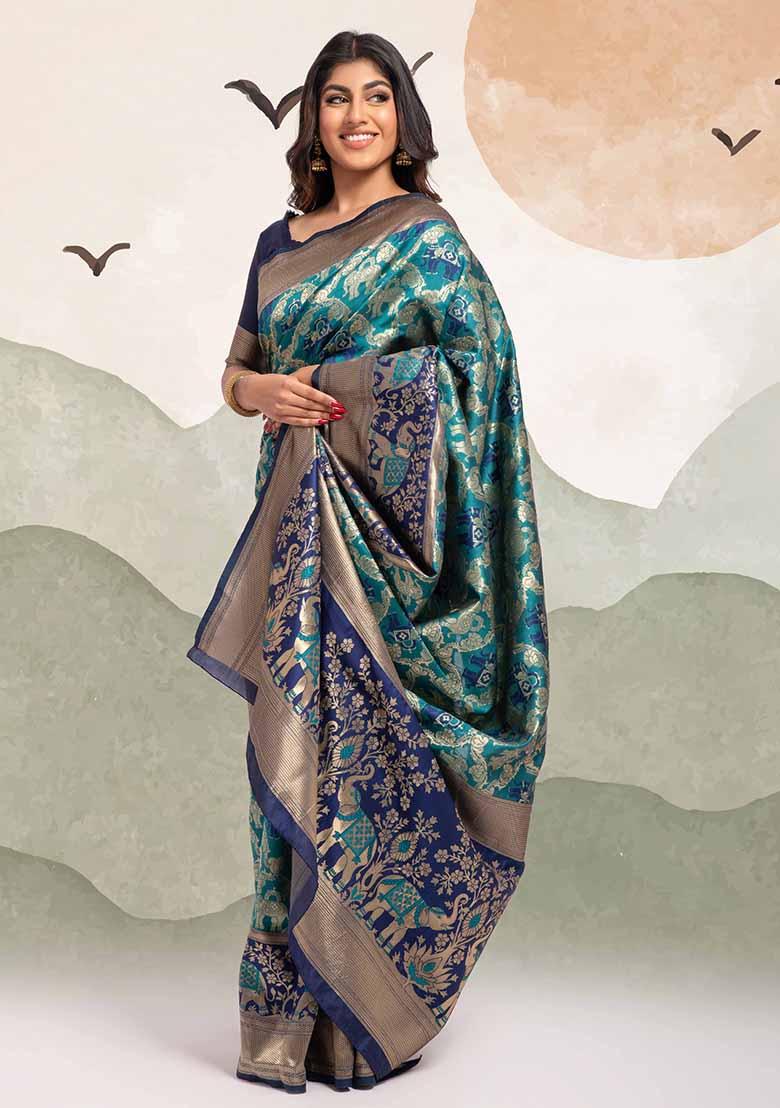 Teal Blue Woven Banarasi Silk Saree Set
