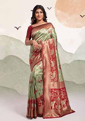 Light Green Woven Banarasi Silk Saree Set