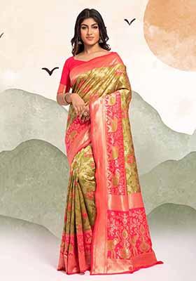 Lime Green Woven Banarasi Silk Saree Set