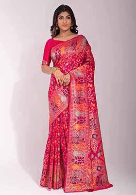 Rani Pink Woven Banarasi Silk Saree Set