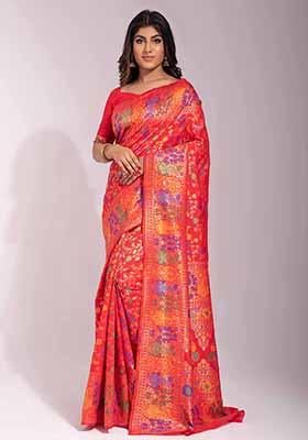 Red Woven Banarasi Silk Saree Set