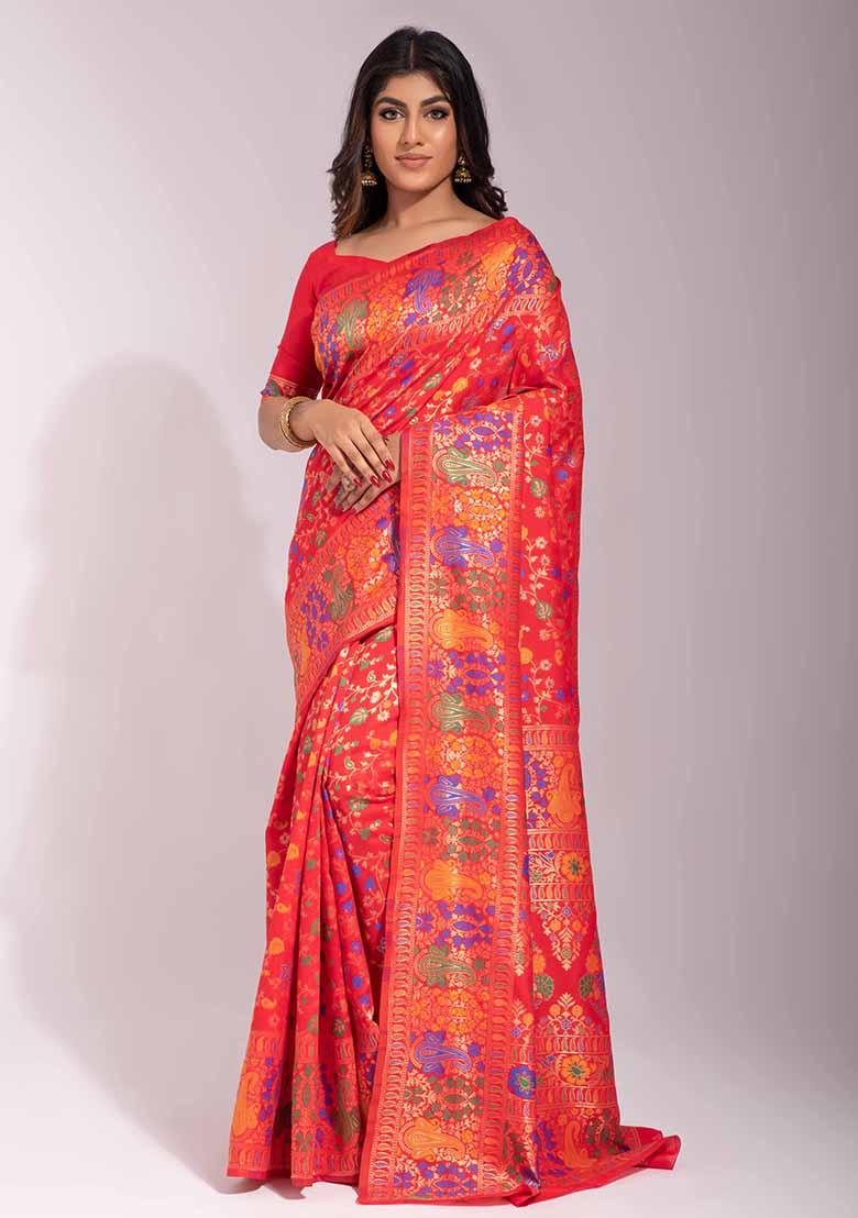 Red Woven Banarasi Silk Saree Set