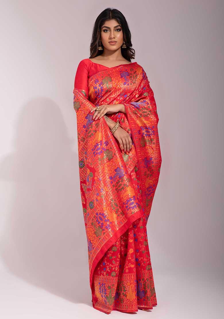 Red Woven Banarasi Silk Saree Set