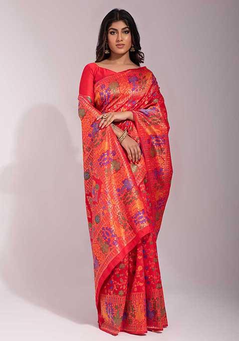 Red Woven Banarasi Silk Saree Set