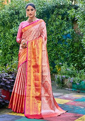 Peach Zari Woven Banarasi Handloom Silk Saree Set