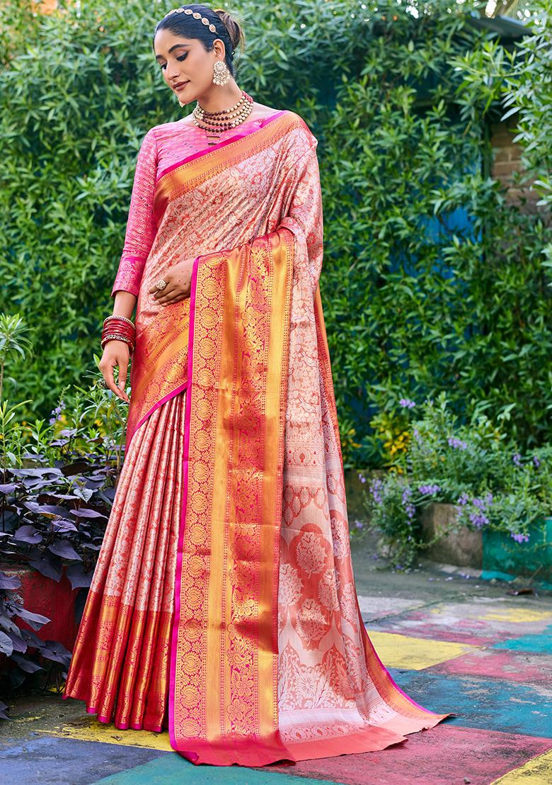 Peach Zari Woven Banarasi Handloom Silk Saree Set
