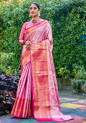 Pink Zari Woven Banarasi Handloom Silk Saree Set
