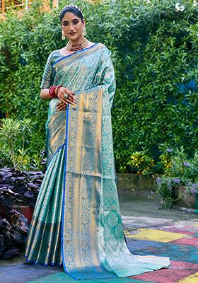 Turquoise Zari Woven Banarasi Handloom Silk Saree Set